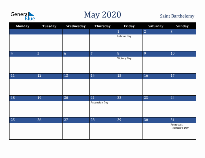 May 2020 Saint Barthelemy Calendar (Monday Start)