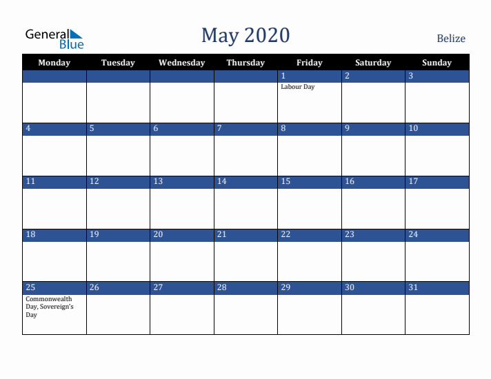 May 2020 Belize Calendar (Monday Start)