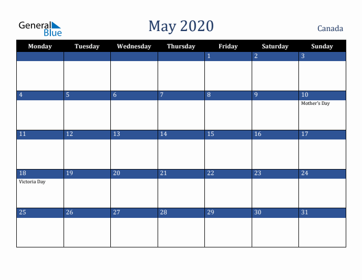 May 2020 Canada Calendar (Monday Start)