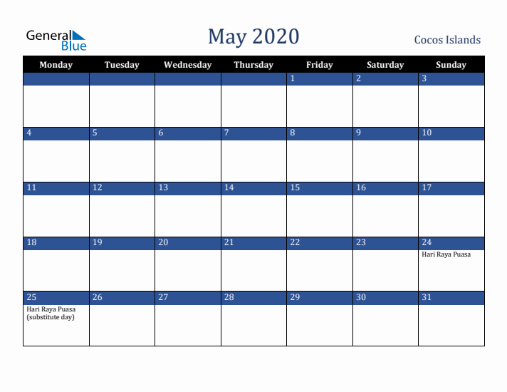 May 2020 Cocos Islands Calendar (Monday Start)