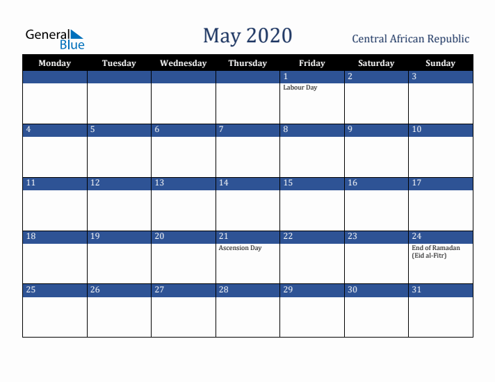 May 2020 Central African Republic Calendar (Monday Start)