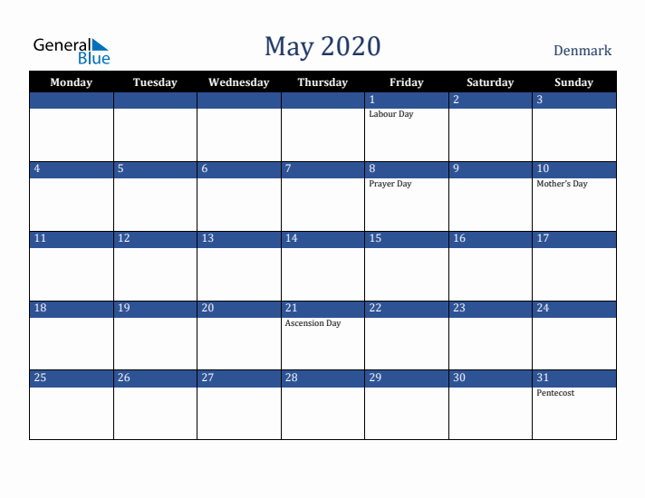 May 2020 Denmark Calendar (Monday Start)