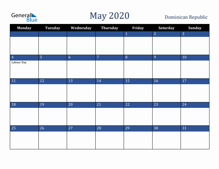 May 2020 Dominican Republic Calendar (Monday Start)