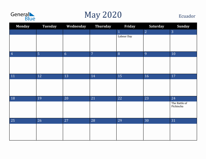 May 2020 Ecuador Calendar (Monday Start)