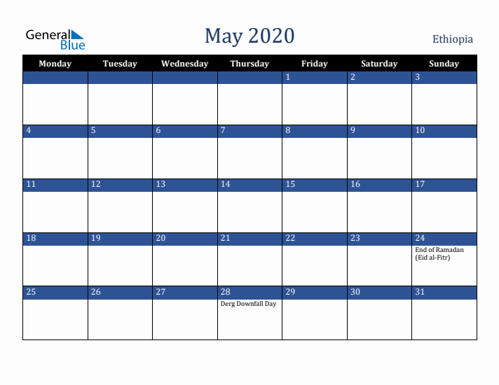 May 2020 Ethiopia Calendar (Monday Start)