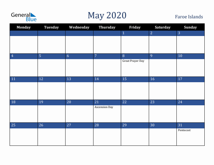 May 2020 Faroe Islands Calendar (Monday Start)