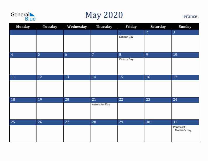 May 2020 France Calendar (Monday Start)