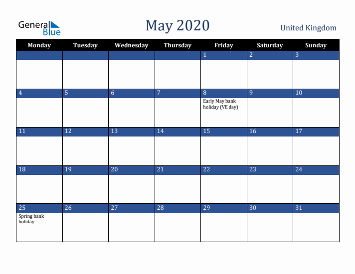 May 2020 United Kingdom Calendar (Monday Start)