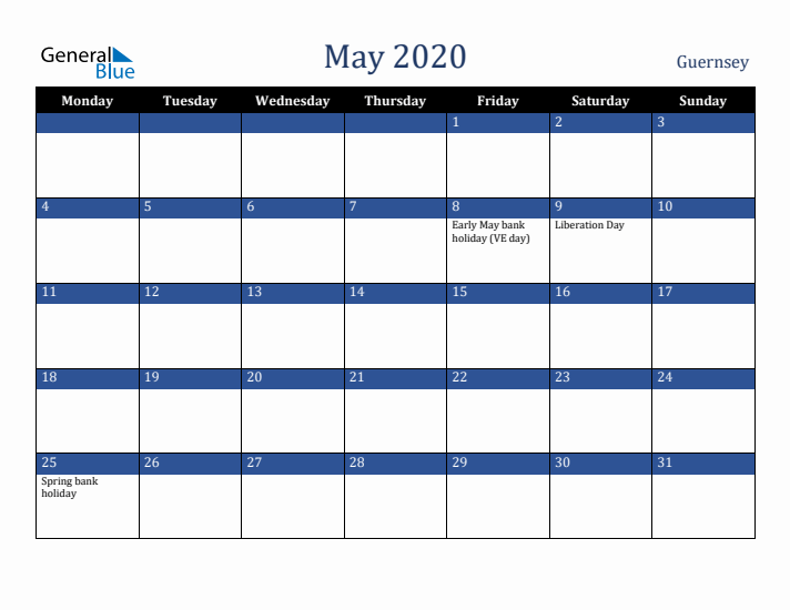 May 2020 Guernsey Calendar (Monday Start)