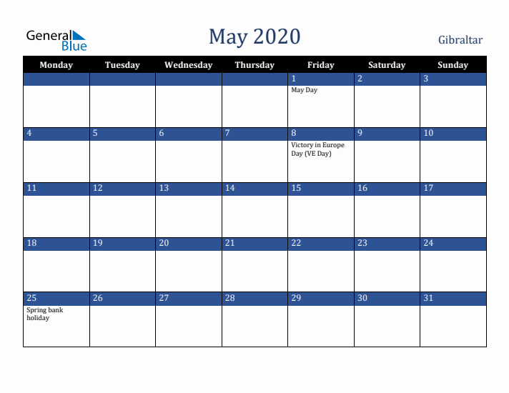May 2020 Gibraltar Calendar (Monday Start)