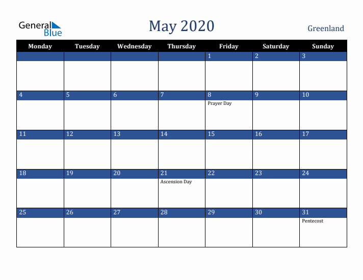 May 2020 Greenland Calendar (Monday Start)