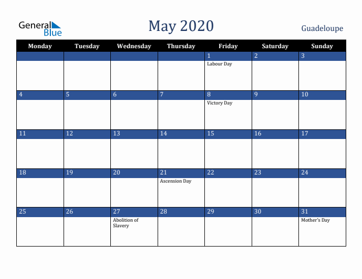 May 2020 Guadeloupe Calendar (Monday Start)