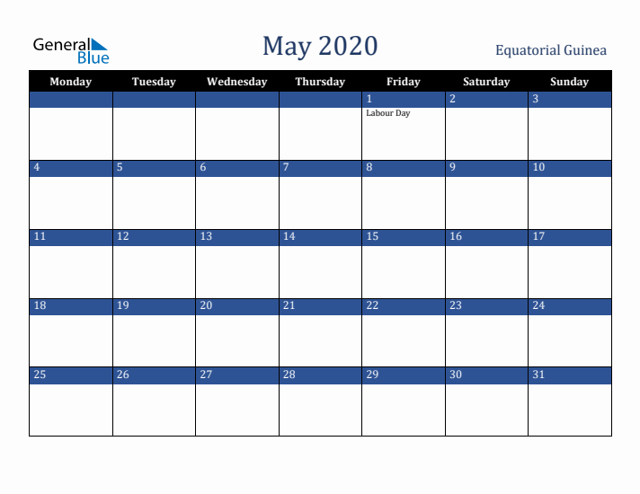 May 2020 Equatorial Guinea Calendar (Monday Start)