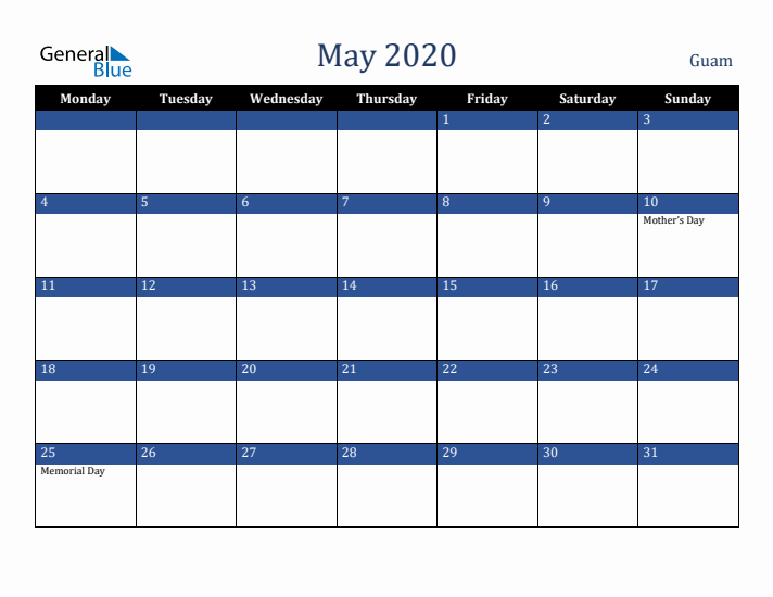 May 2020 Guam Calendar (Monday Start)