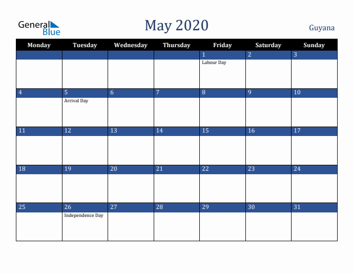 May 2020 Guyana Calendar (Monday Start)