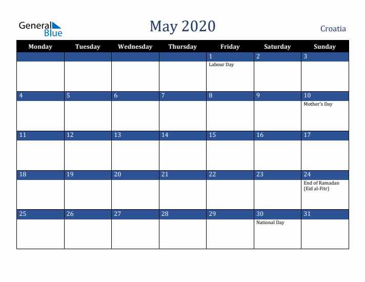 May 2020 Croatia Calendar (Monday Start)