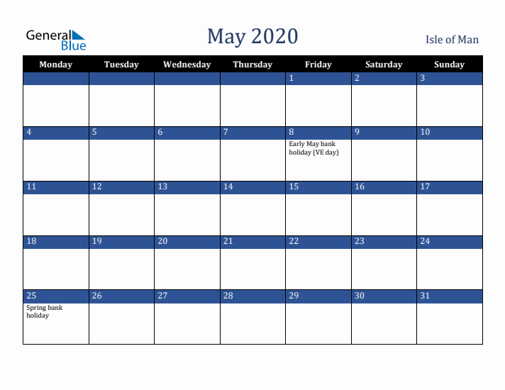 May 2020 Isle of Man Calendar (Monday Start)
