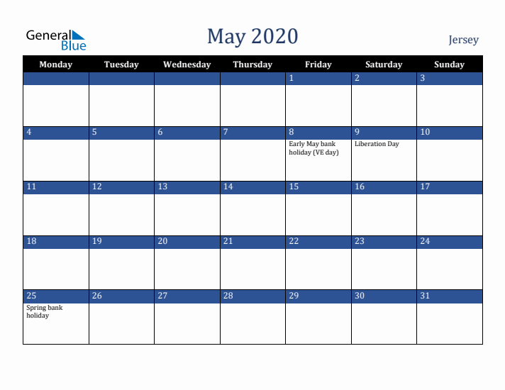May 2020 Jersey Calendar (Monday Start)