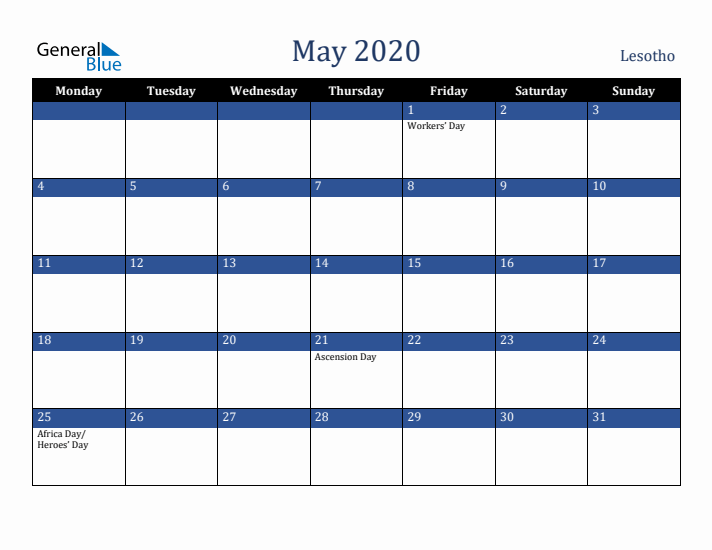 May 2020 Lesotho Calendar (Monday Start)