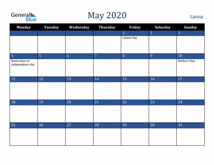 May 2020 Latvia Calendar (Monday Start)