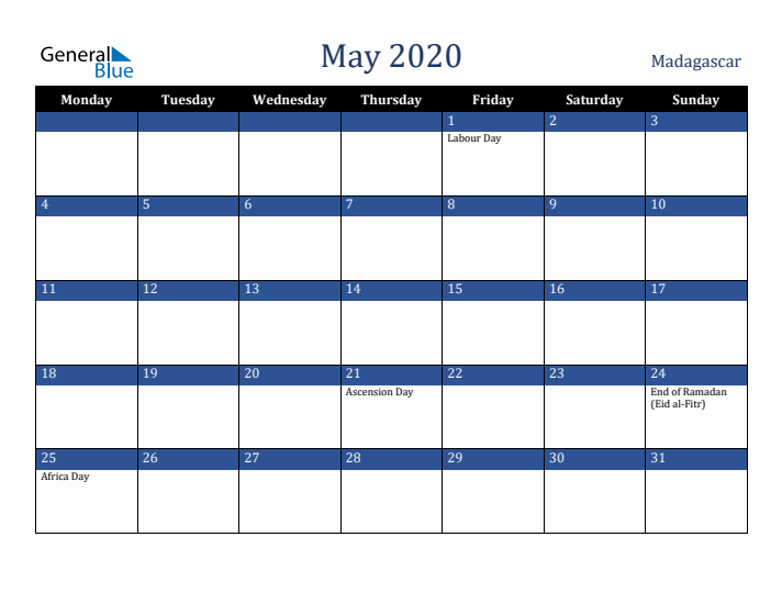 May 2020 Madagascar Calendar (Monday Start)