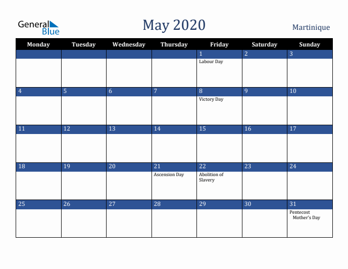 May 2020 Martinique Calendar (Monday Start)