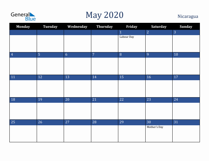 May 2020 Nicaragua Calendar (Monday Start)