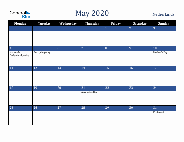 May 2020 The Netherlands Calendar (Monday Start)
