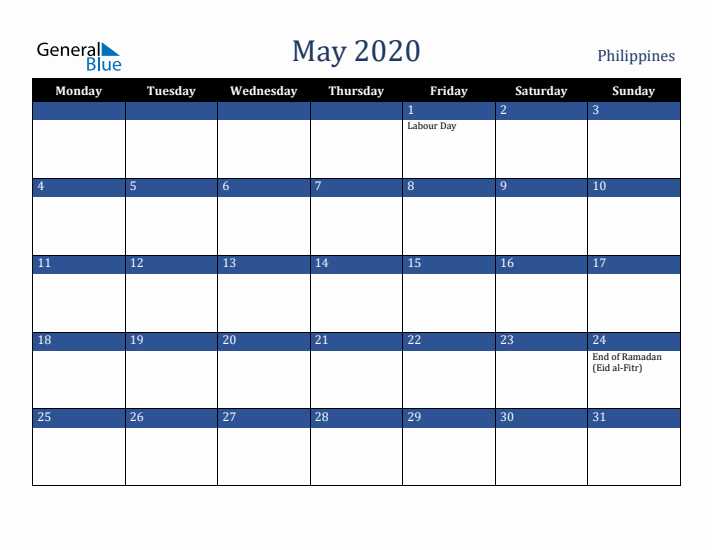 May 2020 Philippines Calendar (Monday Start)