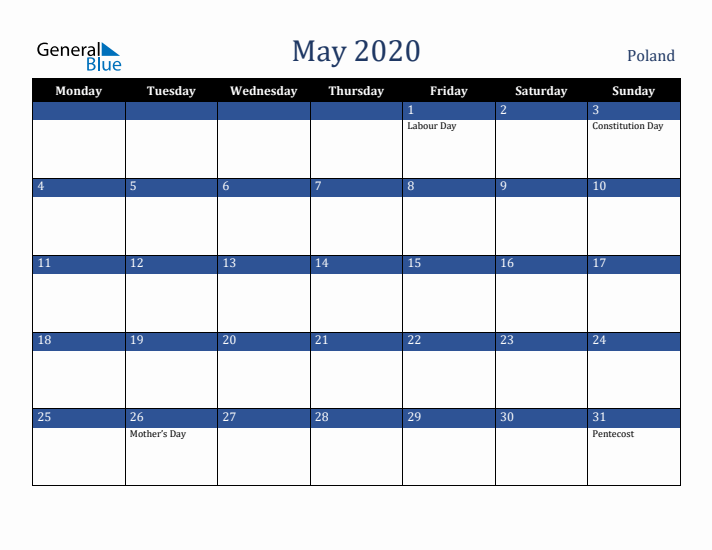 May 2020 Poland Calendar (Monday Start)