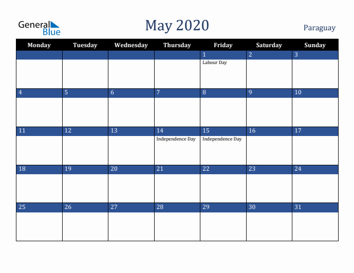 May 2020 Paraguay Calendar (Monday Start)