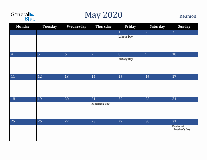 May 2020 Reunion Calendar (Monday Start)