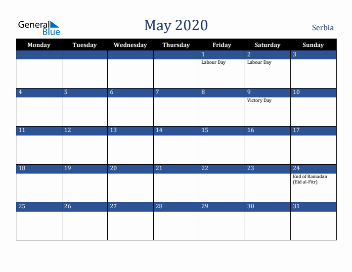 May 2020 Serbia Calendar (Monday Start)