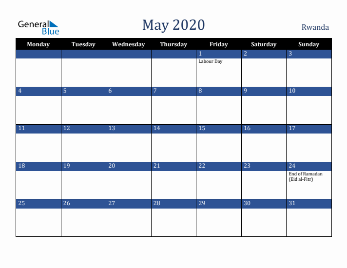 May 2020 Rwanda Calendar (Monday Start)
