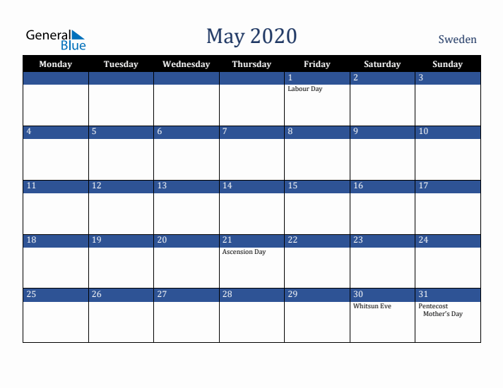 May 2020 Sweden Calendar (Monday Start)