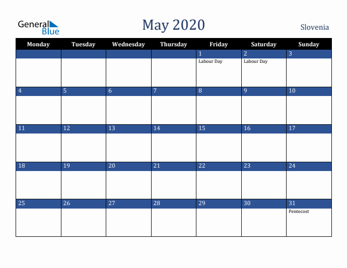 May 2020 Slovenia Calendar (Monday Start)