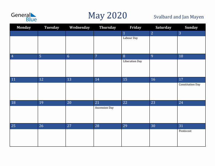 May 2020 Svalbard and Jan Mayen Calendar (Monday Start)