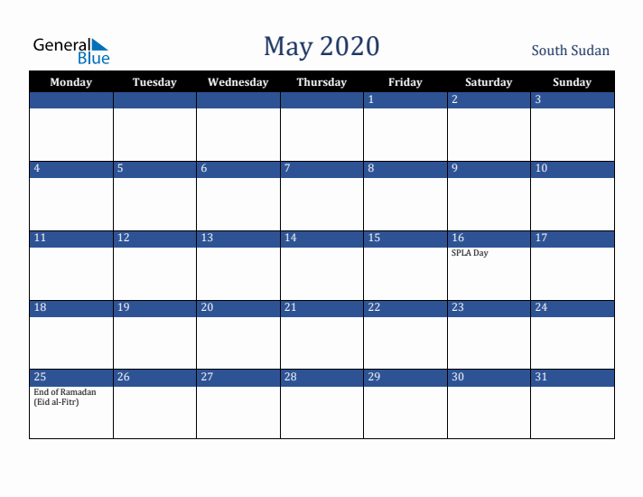May 2020 South Sudan Calendar (Monday Start)