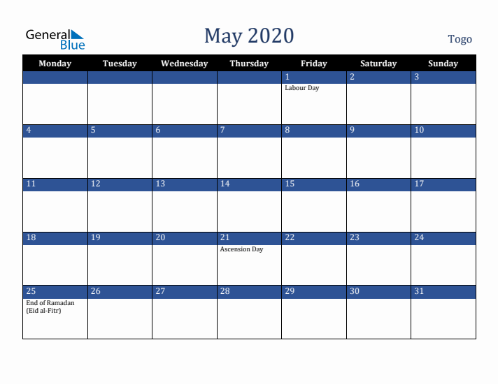 May 2020 Togo Calendar (Monday Start)