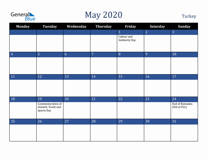 May 2020 Turkey Calendar (Monday Start)