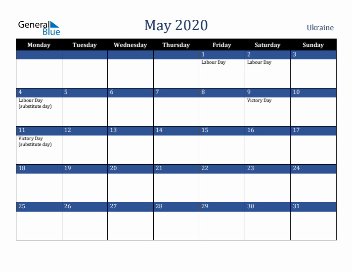 May 2020 Ukraine Calendar (Monday Start)