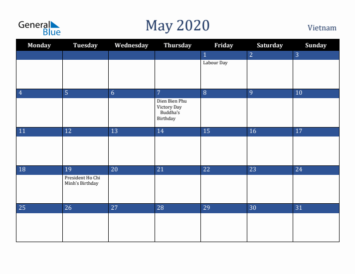 May 2020 Vietnam Calendar (Monday Start)