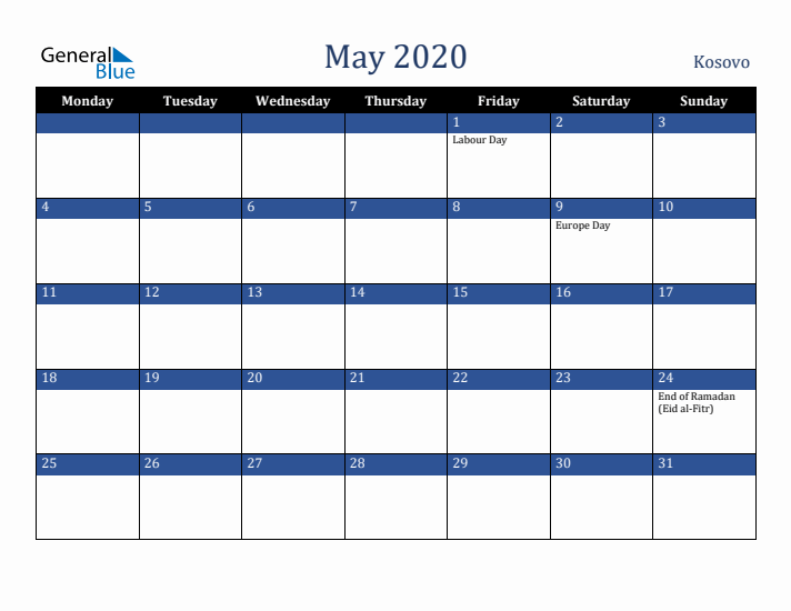 May 2020 Kosovo Calendar (Monday Start)