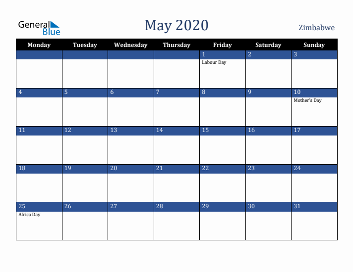 May 2020 Zimbabwe Calendar (Monday Start)