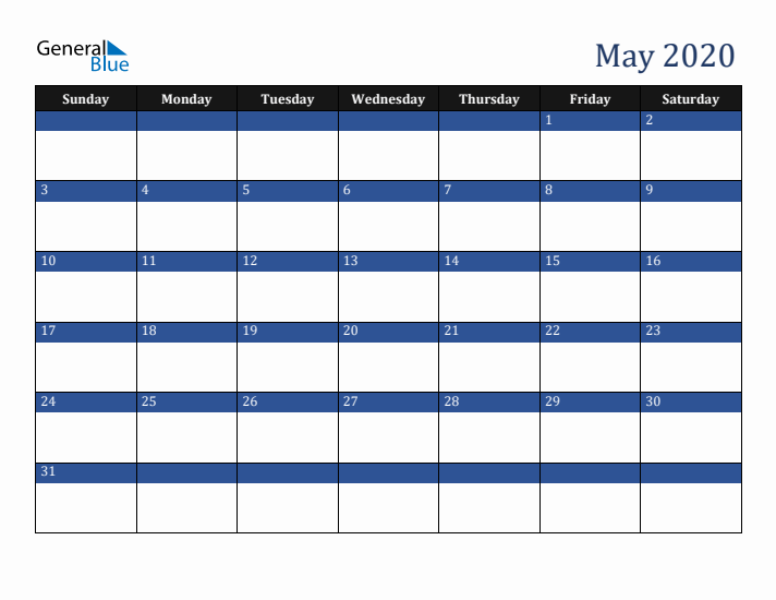 Sunday Start Calendar for May 2020