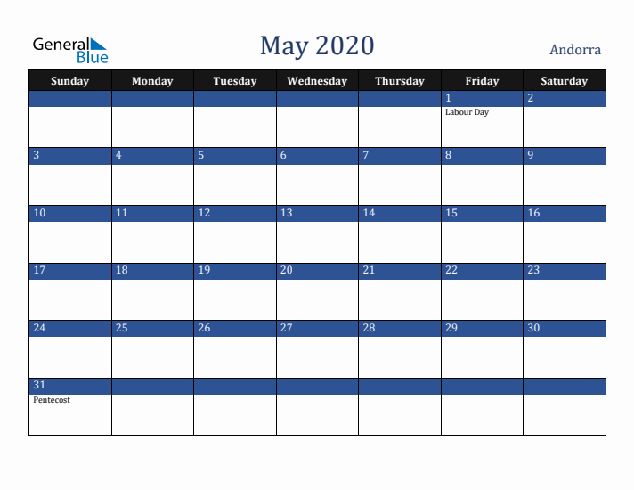May 2020 Andorra Calendar (Sunday Start)