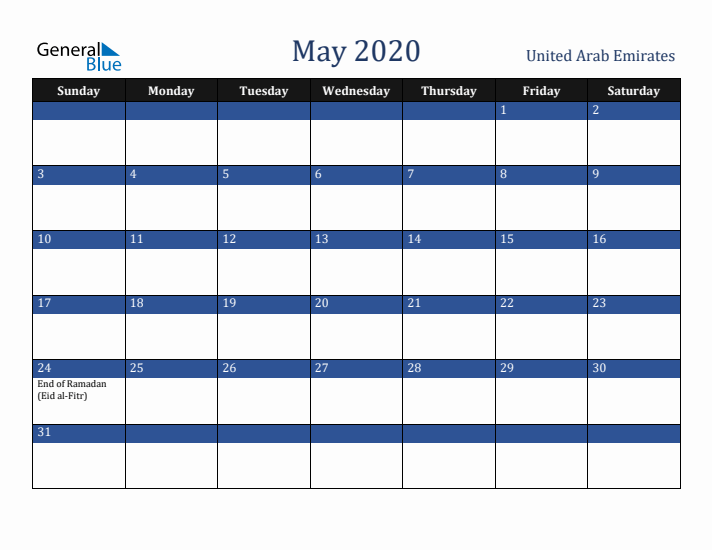 May 2020 United Arab Emirates Calendar (Sunday Start)