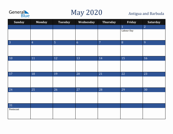 May 2020 Antigua and Barbuda Calendar (Sunday Start)
