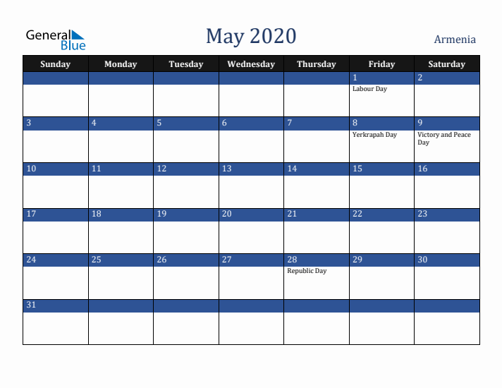 May 2020 Armenia Calendar (Sunday Start)