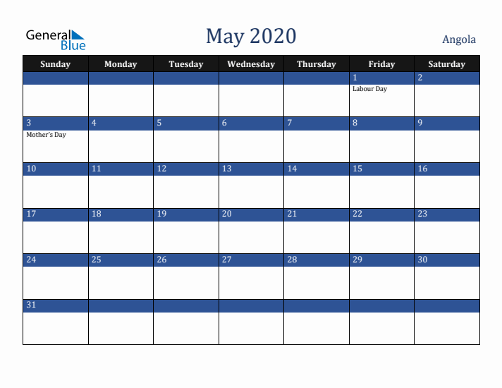 May 2020 Angola Calendar (Sunday Start)